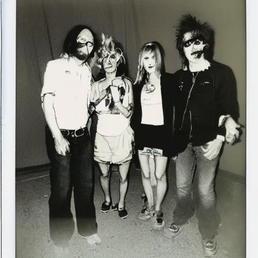 Prompt: a found polaroid photo of punk trash humpers in the backrooms