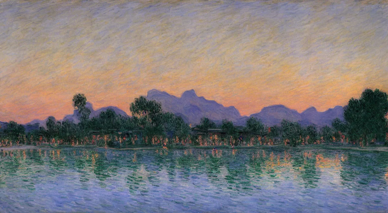 Prompt: Resort pool during dusk, with the mountains and futurisitc city in the background, by Claude Monet,