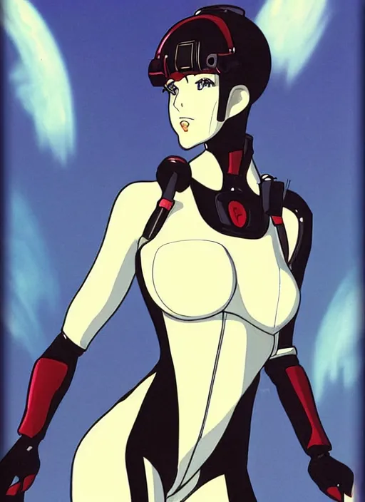 Image similar to Portrait of a female mech pilot in a latex bodysuit, 90s anime, cel-shaded, highly detailed, desaturated, gothic, oppressively atmosphere, poster