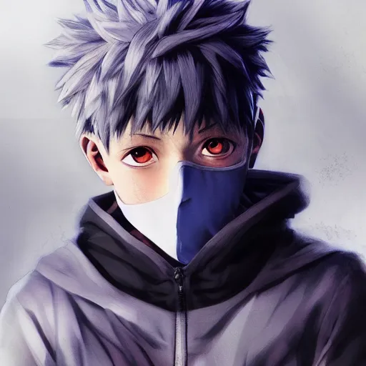 Image similar to realistic killua zoldyck with mask, techwear, streetwear, cyberpunk style outfit, greg rutkowski, artgerm, ross tran, takato yomamoto, wlop, ilya kuvshinov, intricate complexity, detailed portrait, 4 k, cinematic lighting, artstation, sharp focus, smooth, hd, hdr, award winning, octane render