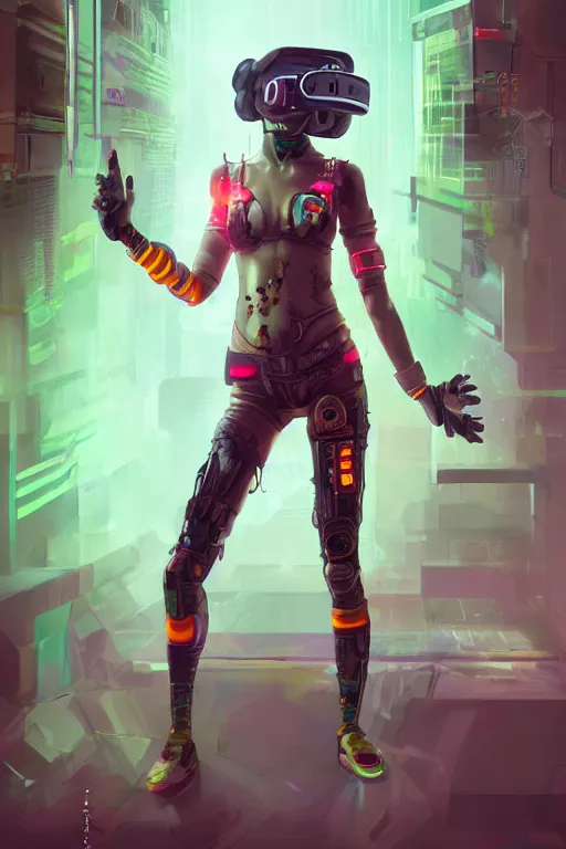 Image similar to a full body illustration of an asian female cyberpunk character wearing VR goggle implants, symmetrical detailed legs, oil on canvas, soft lighting, neon pastel colors, by WLOP and Greg Staples, HD, 4K