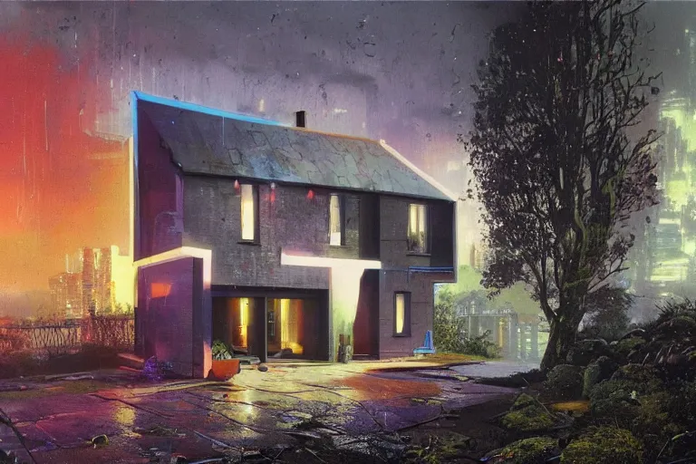 Image similar to an estate agent listing photo, external view of a 5 bedroom detached cyberpunk house in the UK, by Paul Lehr