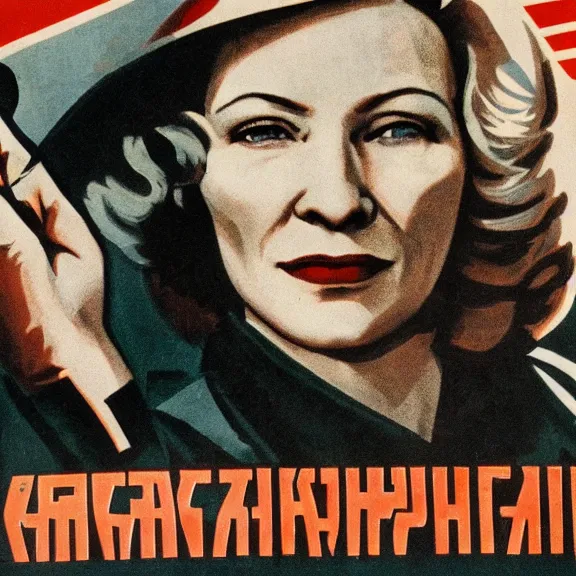 Image similar to soviet propaganda poster with cate blanchett calling on the world community to fight against Nazism, Ultra Detailed, high resolution, soviet realism