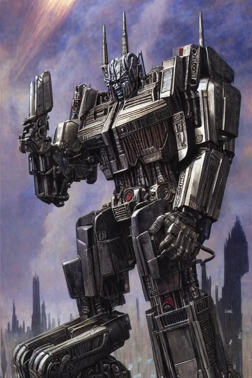 Image similar to optimus prime in the style of wayne barlowe, gustav moreau, goward, bussiere, roberto ferri, santiago caruso, luis ricardo falero, frazetta