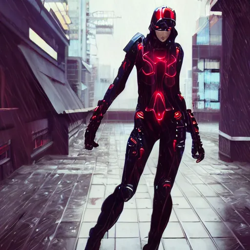 Image similar to An realistic epic fantastic comic book style portrait painting of a female cyber ninja by WLOP trending on arstation, black and reddish color armor, cyberpunk feel raining at tokyo rooftop, Concept world Art, unreal 5, DAZ, hyperrealistic, octane render, cosplay, RPG portrait, dramatic lighting, rom lights