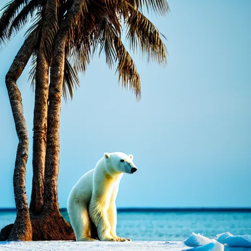 Image similar to a photo of a really skinny polar bear on a tiny pacific island, beautiful desert island with coconut trees, ultra detailed, 50mm f/1.4, national geographic