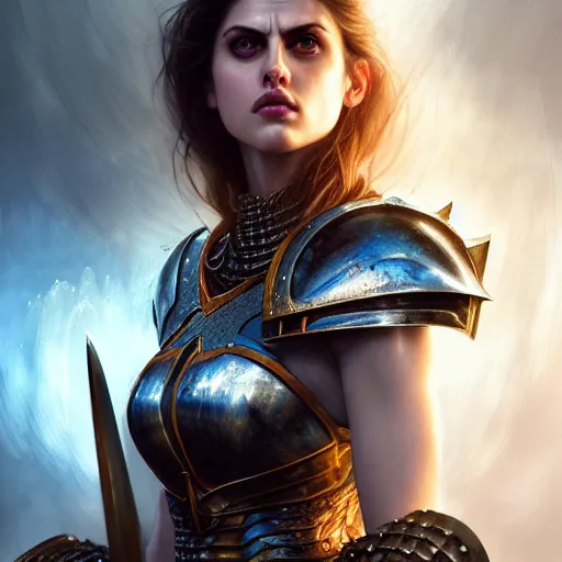 Prompt: an epic portrait of Alexandra Daddario as a tall female warrior with massive plate armour by Stanley Artgerm Lau, Diego Gisbert Llorens, Mark Brooks, Charlie Bowater, no helmet, big white glowing wings, long red hair, very detailed face, insanely detailed and intricate, vivid and vibrant, highly detailed, cinematic lighting, concept art, artstation