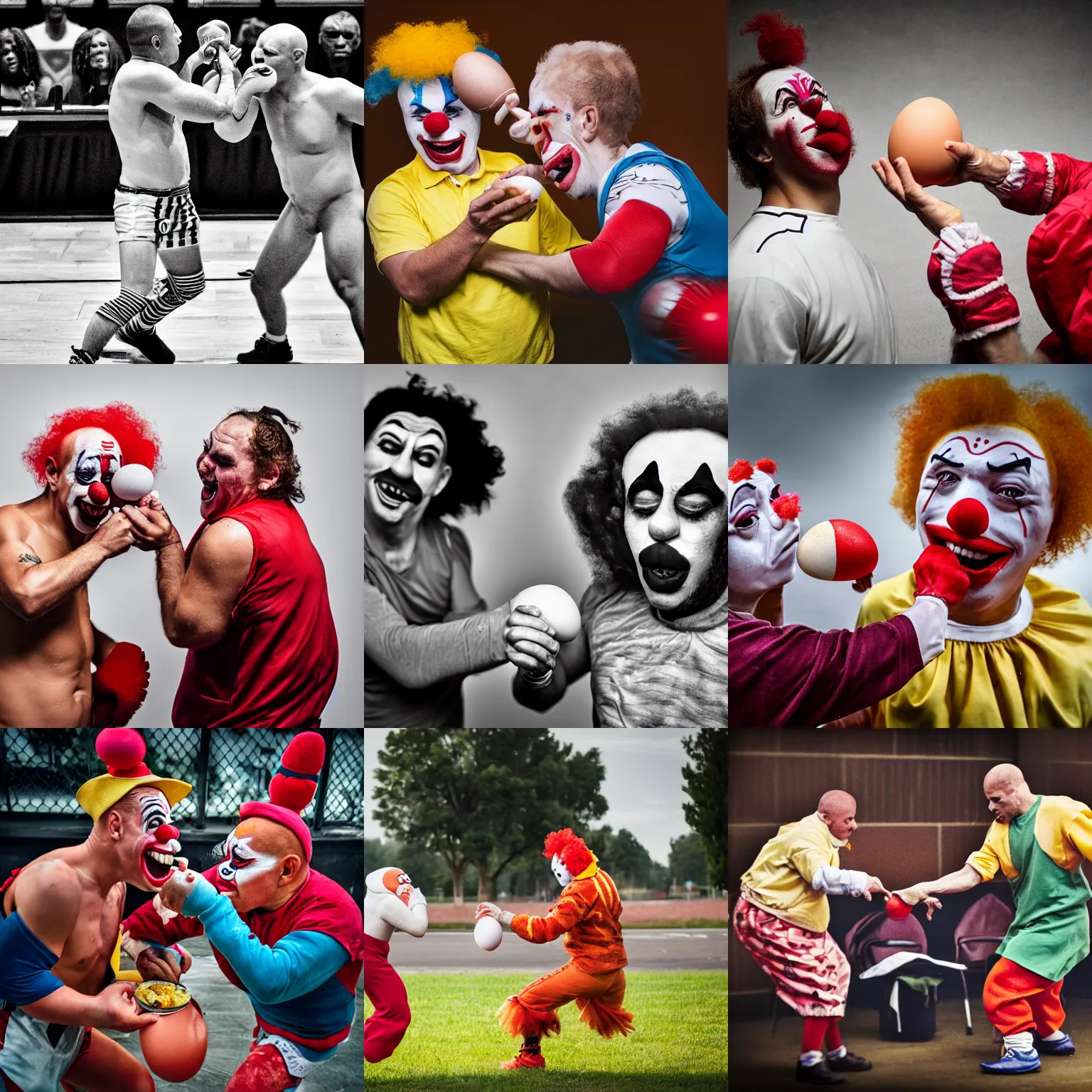 Prompt: clowns fighting over a boiled egg, sports photography, espn