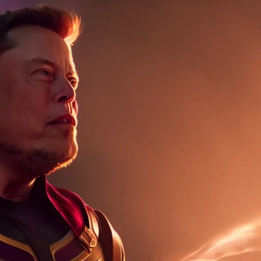 Image similar to elon musk as thanos exhaling a large smoke cloud from his bong, movie still, cinematic lighting