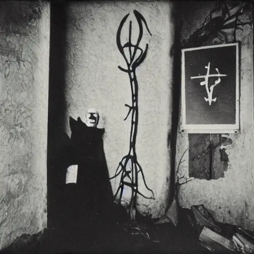 Image similar to creepy lovecraftian priest in abandoned building, occult themes, crosses on wall, dark,scary, polaroid picture 1980