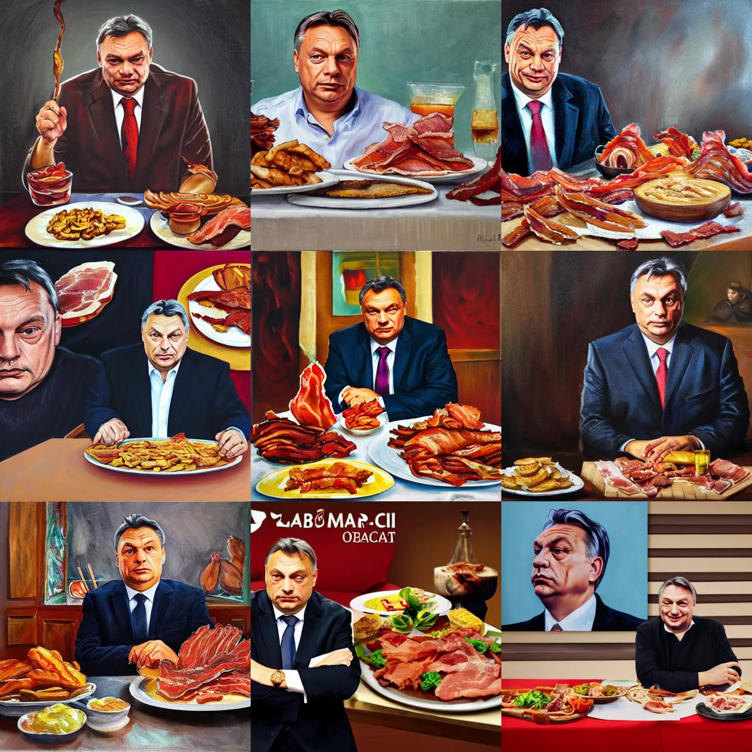 Prompt: portrait of viktor orban proudly sitting behind a table full of bacon, oil painting