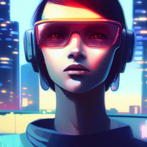 Prompt: a close up of a person with a city in the background, cyberpunk art by Ilya Kuvshinov, cgsociety, photorealism, ilya kuvshinov, cityscape, digital painting