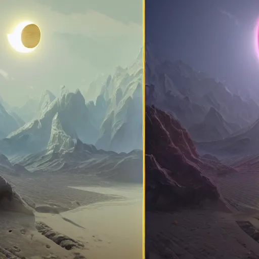 Image similar to a highly detailed matte painting of a double solar eclipse, art by artgerm and greg rutkowski and alphonse mucha, volumetric lighting, octane render, 4 k resolution, trending on artstation, masterpiece