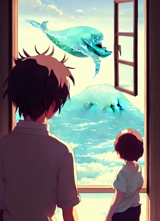 Prompt: boy and girl watching outside from a window, big whales on are on the the sky, illustration concept art anime key visual trending pixiv fanbox by wlop and greg rutkowski and makoto shinkai and studio ghibli