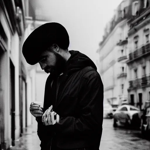 Image similar to black and white fashion photograph, highly detailed portrait of a depressed guy as a drug dealer on a busy Paris street, detailed face looking into camera, eye contact, natural light, rain, mist, lomo, fashion photography, film grain, soft vignette, sigma 85mm f/1.4 1/10 sec shutter, Daren Aronofsky film still promotional image, IMAX 70mm footage