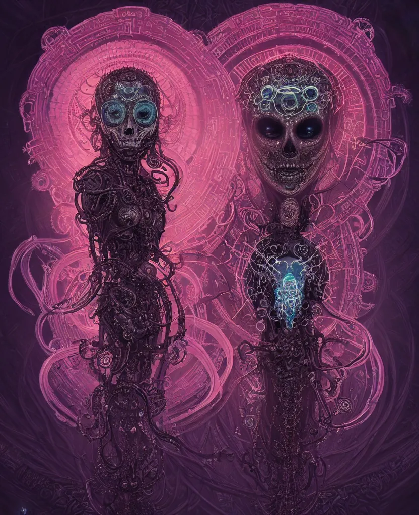 Image similar to queen of death. intricate portrait, occult cyberpunk, ancient futuristic, dark art, occult. intricate biomechanical, bioluminescent halo around head, mandala ornament, cybernetic glowing jellyfish, tentacles, by Petros Afshar, by artgerm, by Eddie Mendoza, by Peter mohrbacher by tooth wu, unreal engine, octane render, cinematic light, high details, iridescent colors, macro