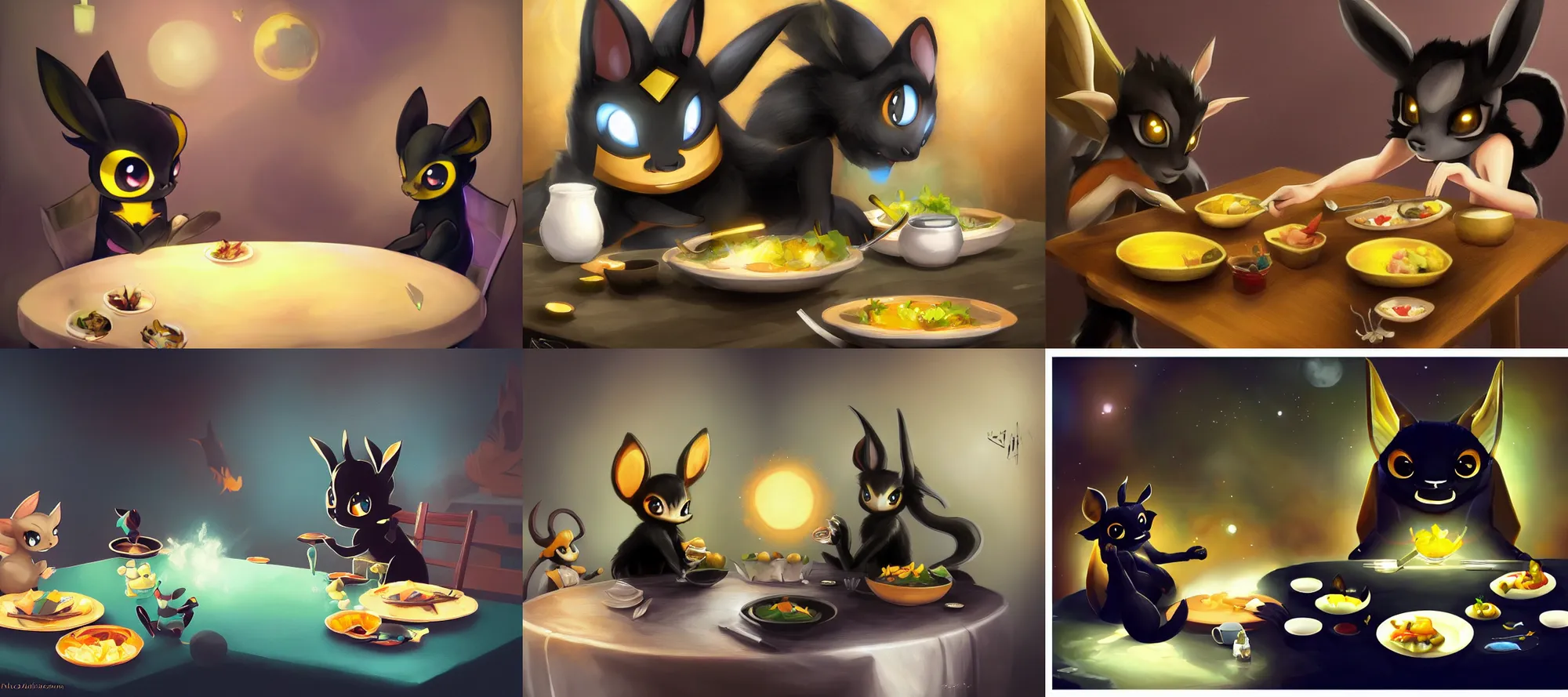 Prompt: umbreon eating dinner at a table by sandara juliathedragoncat artstation julia mato cindy avelino