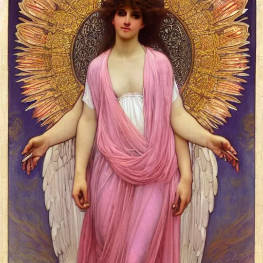 Image similar to painting of a beautifully robed angel with long thick pink hair with huge white feather wings, intricate, elegant, hyperdetailed, by alphonse mucha and william - adolphe bouguereau and john william waterhouse