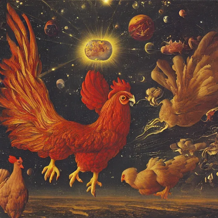 Image similar to a chicken in an infinite hall in space, chicken nebula, infinite chicken, by jan van eyck