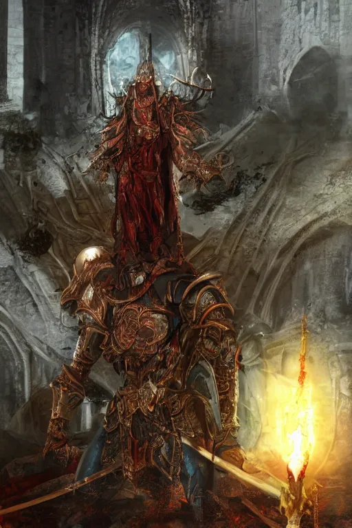 Image similar to Path of Exile, Sirius, bronze face, red eyes, male image with bronze black armor, sitting on the throne, inside the ruined gothic church, black shadows, dark red bloody fog fly around, [[blood]], Anachronism, painting, dark fantasy, steampunk, 4k, perfect quality,