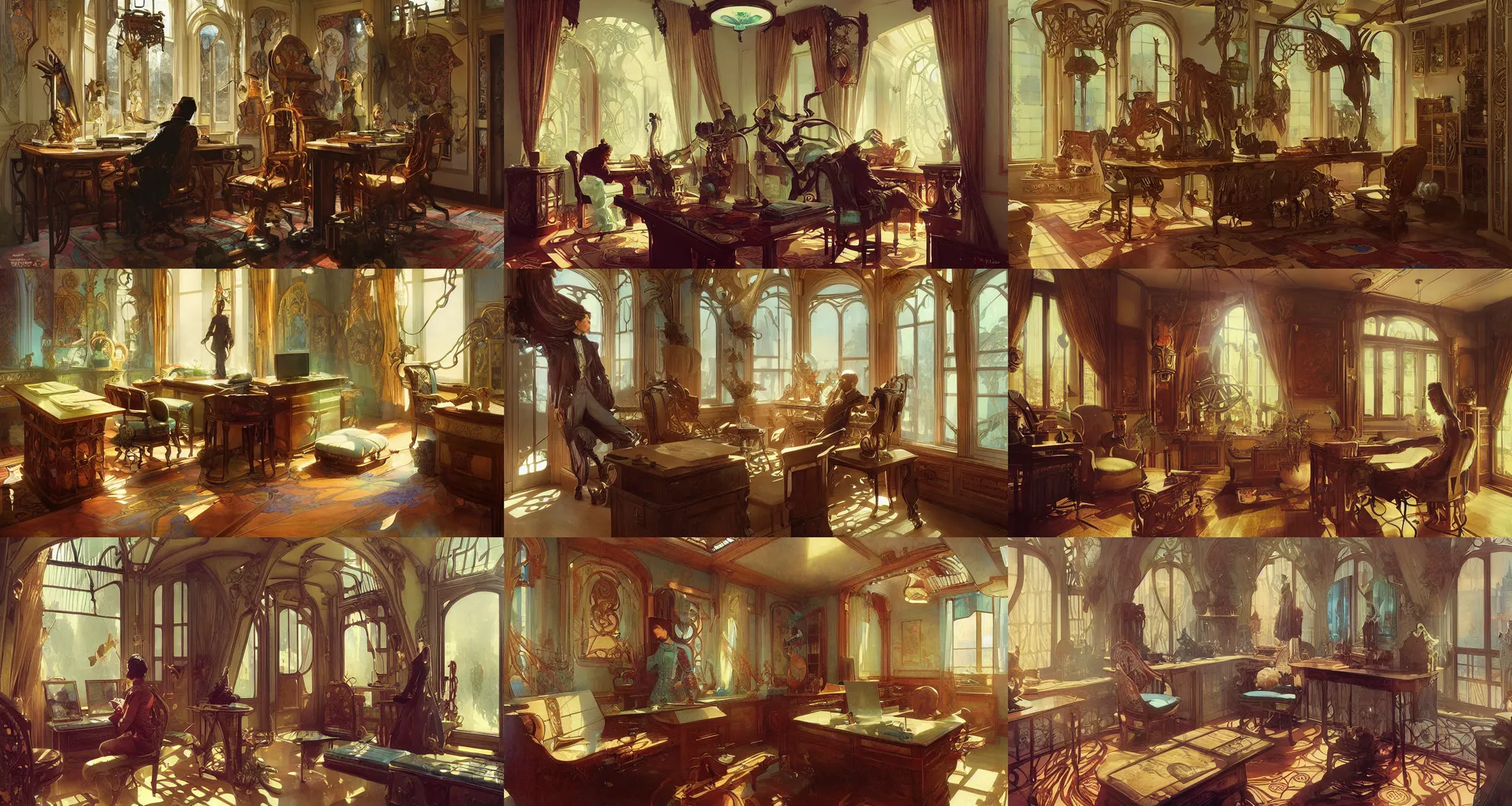 Prompt: home office interior, art nouveau, fantasy, art by joseph leyendecker, ivan aivazovsky, ruan jia, reza afshar, marc simonetti, alphonse mucha