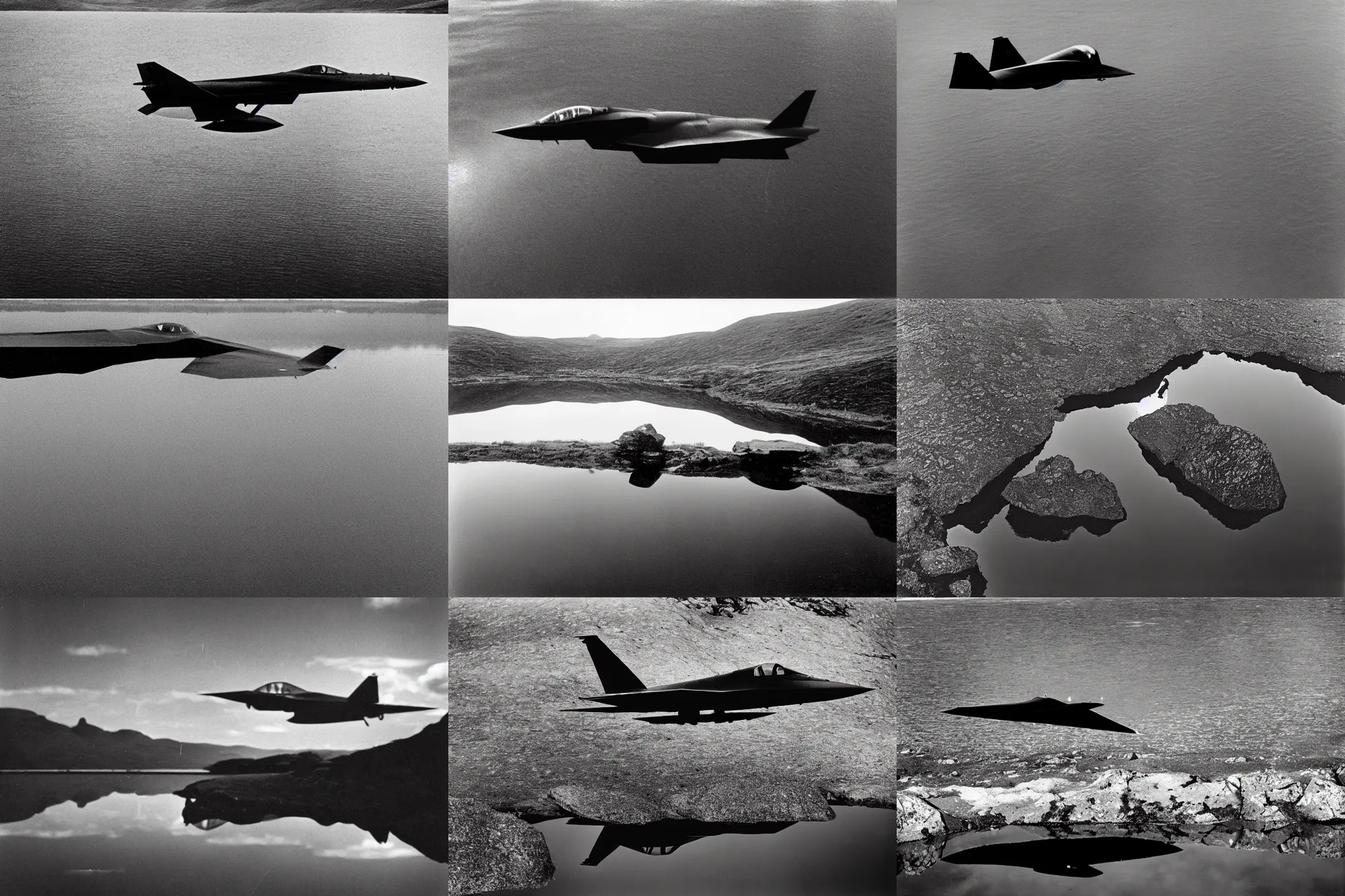 Prompt: classified photograph of stealth jet flying high above reflecting in still pond with rocks reflected, film grain, 3 5 mm lens, scottish highlands, government archive