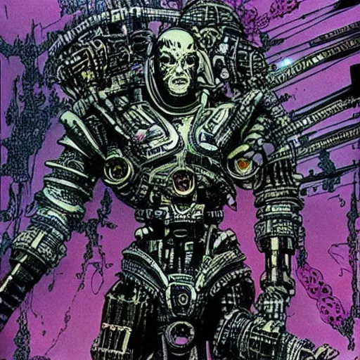 Image similar to wide scene, armored sci - fi god of destructuion manifests floating in midair, art by philippe druillet