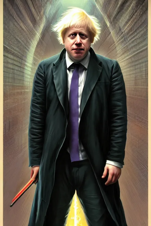 Image similar to Boris Johnson as Neo from Matrix, full body realistic portrait, highly detailed, muscular body, digital painting, artstation, concept art, smooth, sharp focus, illustration, cinematic lighting, art by artgerm and greg rutkowski and alphonse mucha