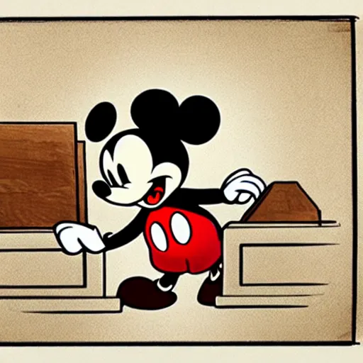 Image similar to detailed background courtroom sketch of vintage disney character mickey mouse presenting evidence of copyright infringement to the judge bench court room wooden serious dark tone