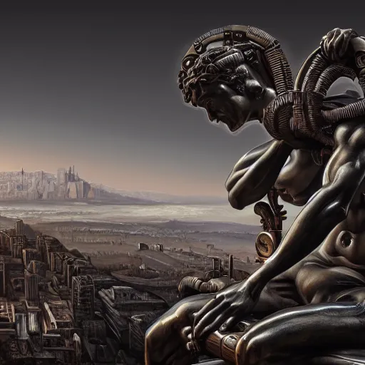 Image similar to beautiful painting of a cyborg ancient greek statue of Laocoon looming over a city in the style of Welder Wings and H. R. Giger. Dark background, detailed, trending on Artstation