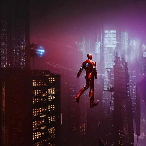 Prompt: a hyperdetailed photograph of a silver suit iron man flying through the skies of a cyberpunk, futuristic city, night, dense fog, rain, hd, 8 k resolution