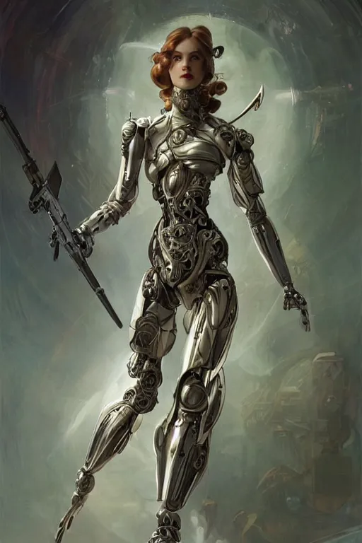 Prompt: organic cyborg holding a weapon, art deco, soft lighting, sci fi fantasy, intricate, elegant, highly detailed, lifelike, photorealistic, 2d matte illustration, artstation, illustration, concept art, smooth, sharp focus, art by John Collier and Albert Aublet and Krenz Cushart and Artem Demura and Alphonse Mucha