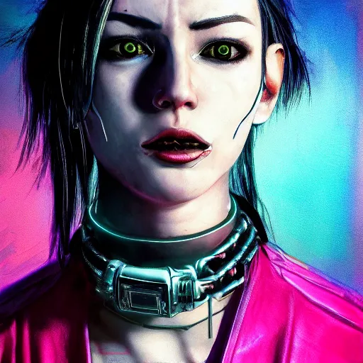 Image similar to detailed realistic cyberpunk female character cyberpunk wearing steel collar around neck, realistic, art, beautiful, 4K, collar, choker, collar around neck, punk, artstation, detailed, female, woman, choker, cyberpunk, neon, punk, collar, choker, collar around neck, thick collar, choker around neck, wearing choker, wearing collar, bright neon punk hair,