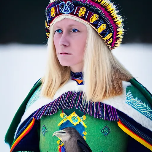 Prompt: symmetry!! portrait photograph of an extremely beautiful!!!! young blonde scandinavian woman with symmetric face. with a very detailed raven!!! on her shoulder. wearing traditional greenlandic national colorful costume or kalaallisuut. in iceland. petzval lens. shallow depth of field. on flickr, art photography,