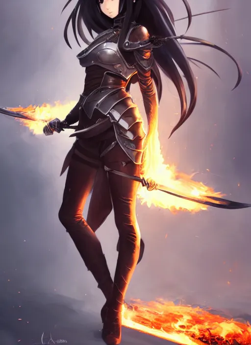 Image similar to Portrait of Anime girl with black hair, she is carrying a burning sword with two hands, wearing metal armor around her chest and waist, realistic, detailed, 4k by Greg Rutkowski Mark Arian trending on artstation