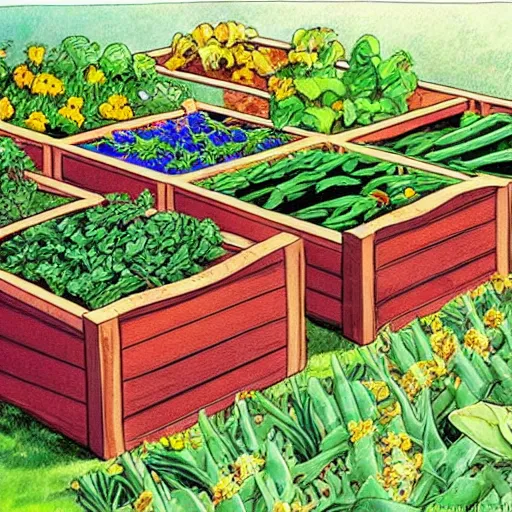 Image similar to raised garden beds full of tomotoes and string beans, concept art, illustrated, highly detailed, high quality, bright colors, optimistic,