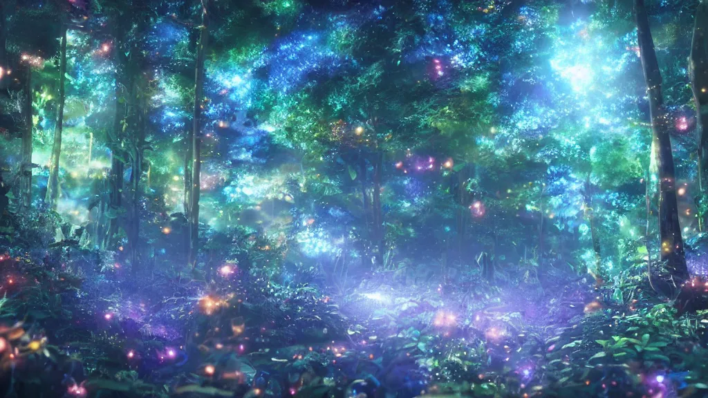 Image similar to beautiful lush magic glimmering mana forest, night sky with dazzling stars, fairies, fireflies, bokeh, octane render, unreal engine, raytracing, crystallized, intricate, hyper detailed, light rays, high quality cinematic anime style art