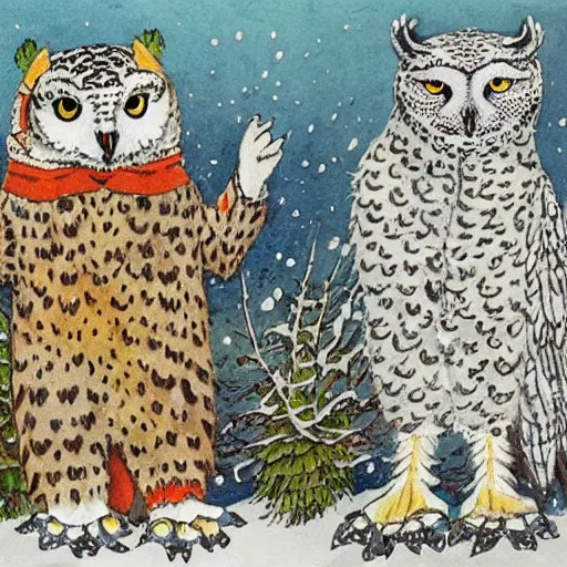 Image similar to snowy owl dancing with a snow leopard, Louis William Wain watercolor,