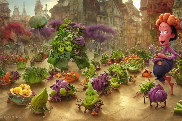 Prompt: miniature vegetable creatures parade. the floor is a cutting board. a kitchen in the background. digital art, realistic, pixar style, highly detailed, cinematic, matte painting, vivid colors, realistic, epic, low angle, lighting, by greg rutkowski and artgerm and alphonse mucha