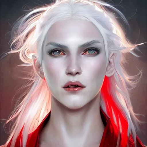 Image similar to ultra realistic illustration, dream humanoid demon girl with white hair, red horns, in white clothes, red eyes, intricate, elegant, highly detailed, digital painting, artstation, concept art, smooth, sharp focus, illustration, art by artgerm and greg rutkowski and alphonse mucha