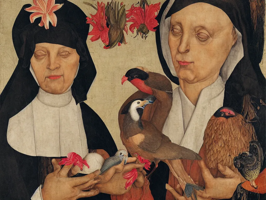Prompt: Woman staring, expressive, wrinkled, dressed as a nun, holding a paradise bird and a lily flower. Colorful portrait by Lucas Cranach, Roger Ballen