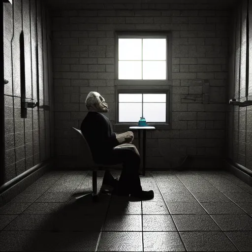 Prompt: cinema 4D cinematic render, ultra detailed, elegant, of a person inside a jail cell sitting with a desk and CRT monitor, 4K concept art, detailed, dark setting, cinematic lighting, light shining through the jail cell, casting shadows, trending on art station, old computer monitor, stressful, working, hyper realistic, ultra detailed, unreal engine, 8K post production