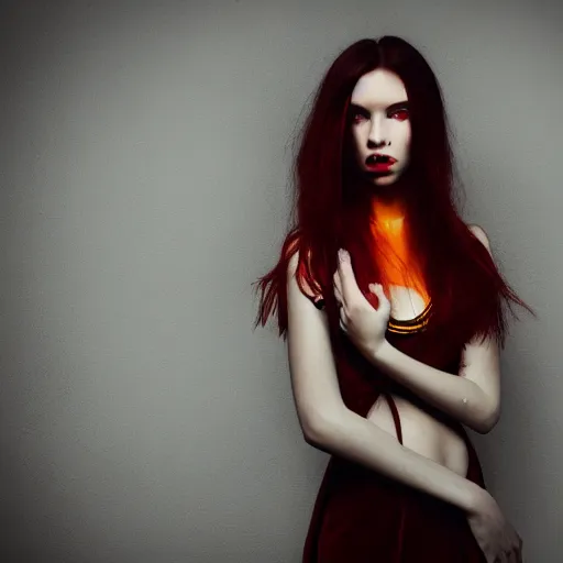 Prompt: a photo of a young woman. moody and melanchonic. with a little bit of red and yellow