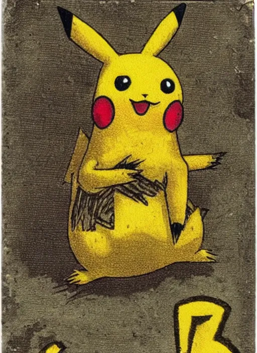 Image similar to creepy pikachu Pokémon card from the 1700s