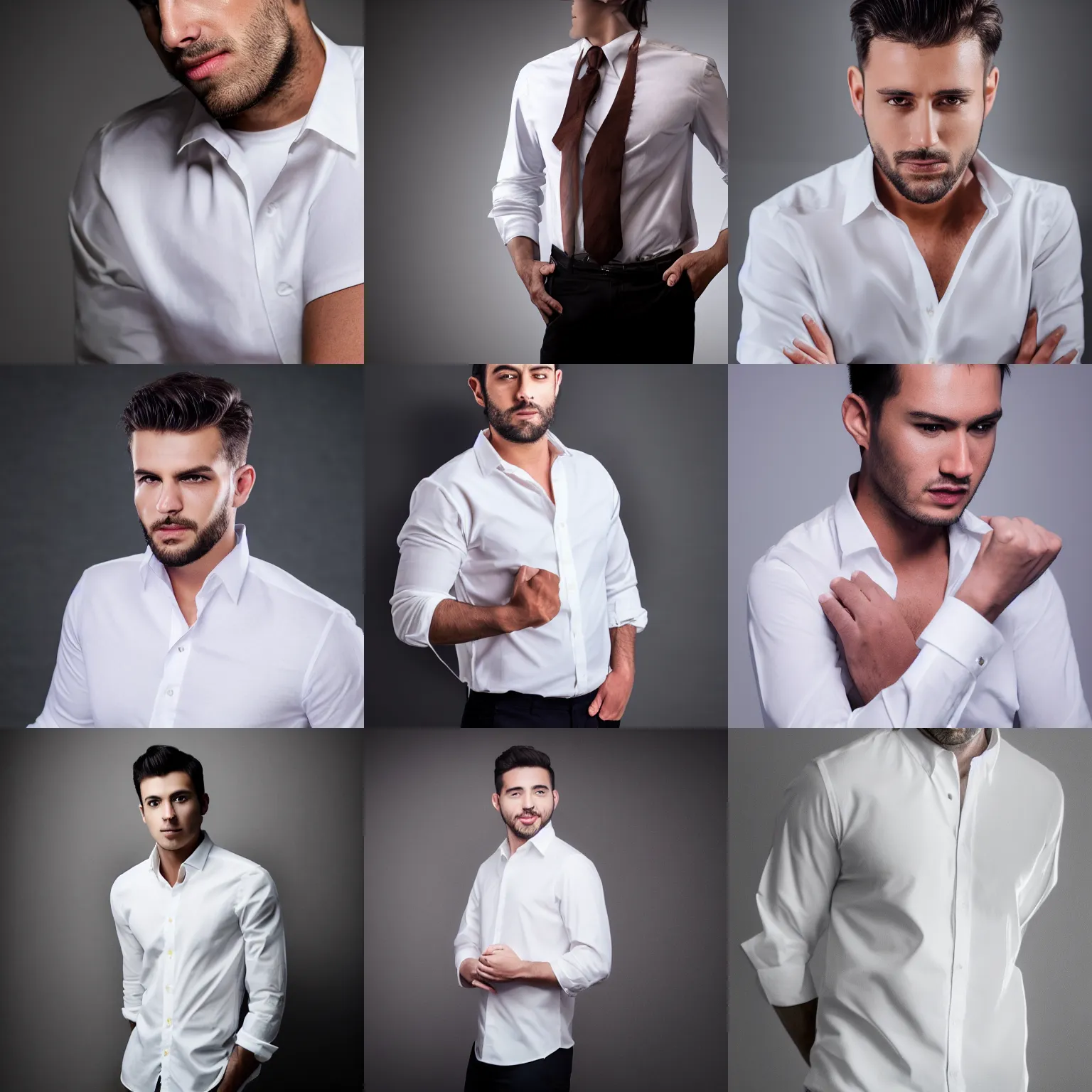 Prompt: handsome man wearing a white shirt, medium shot, photography, high quality, studio lighting, 4k,