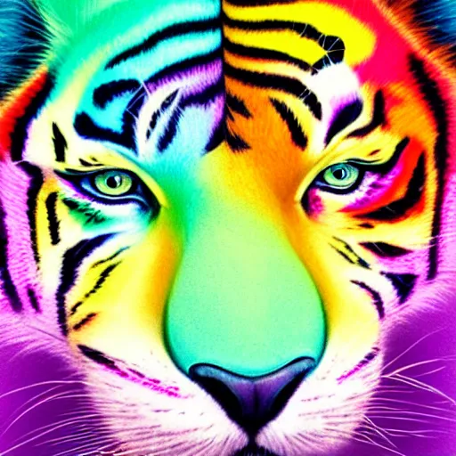 Image similar to Rainbow tiger roaring, silky pastel rainbow fur, chromatic aberration, cute, playful, harper's bazaar, pearlescent, featured on artstation, by Lisa Frank, by Moebius, by Kelly McKernan, by Charlie Bowater, by Laura rubin, 8k