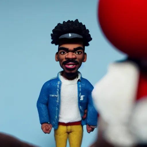 Image similar to a cinematic film still of a claymation stop motion film starring chance the rapper as a college student, shallow depth of field, 8 0 mm, f 1. 8