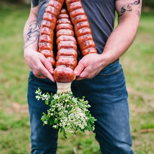 Image similar to a portrait of bogan holding a bouquet of sausages, canon eos r 3, f / 1. 4, iso 2 0 0, 1 / 1 6 0 s, 8 k, raw, unedited, symmetrical balance, in - frame