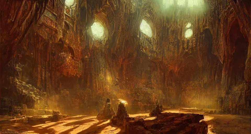 Image similar to looking up at khazad - dum interior, intricate, vivid colors, elegant, highly detailed, john park, frazetta, john howe, ruan jia, jeffrey catherine jones
