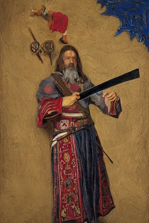 Prompt: slavic man in medieval clothes, fights with a sword, orthodox, oil painting, concept art, hyperrealism, beautiful, high resolution, trending on artstation, by annie swynnerton and nicholas roerich, embroidered robes, elaborate costume, geometric ornament, symbolist, soft colors, dramatic lighting, smooth, sharp focus, extremely detailed, two hands,